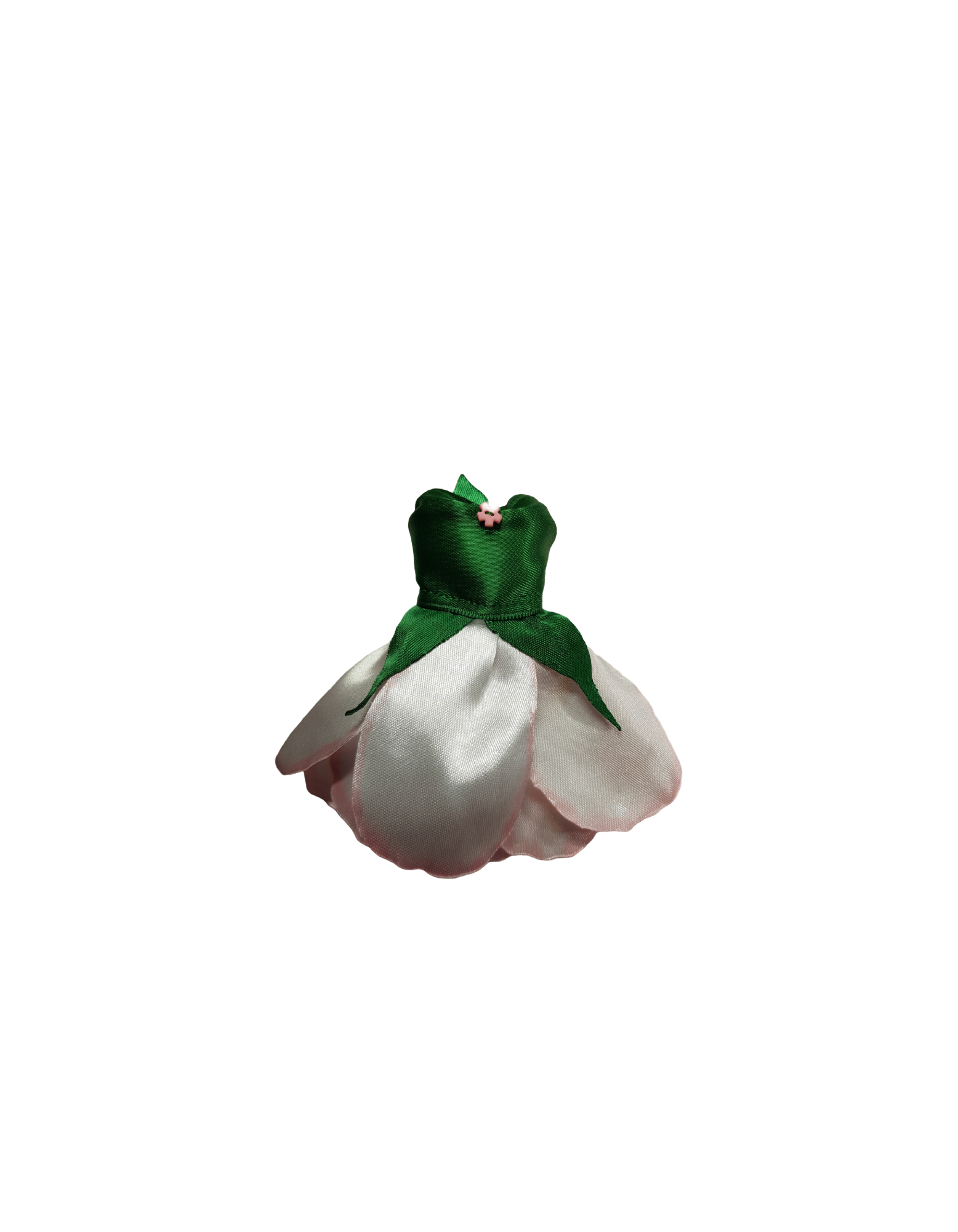 Green bodice flower dress with white and pink petal skirt